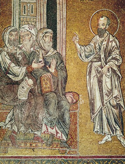St. Paulus predikt tot de Joden in de synagoge van Damascus, uit Scènes uit het leven van St. Paulus door Byzantine School